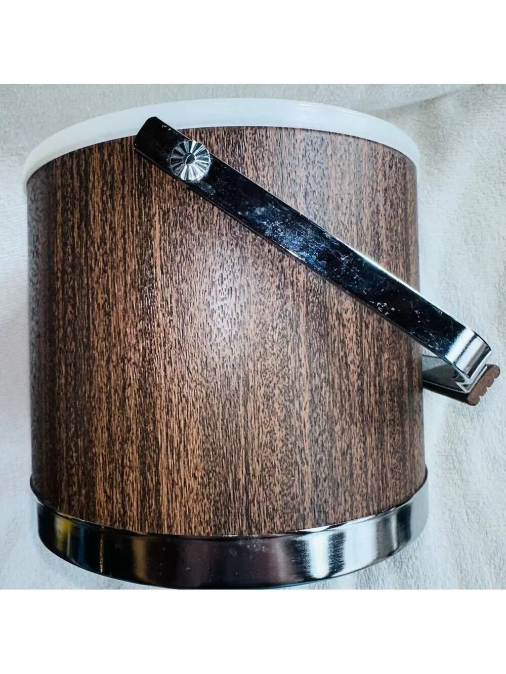 Vintage Atapco MCM Faux Wood Grain Vinyl Chrome Ice Bucket Mid Century USA